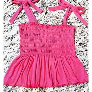 No Comment NY.LA Hot Pink Smocked Tie Strap Crop Ribbed Stretch Size L Top Y2K